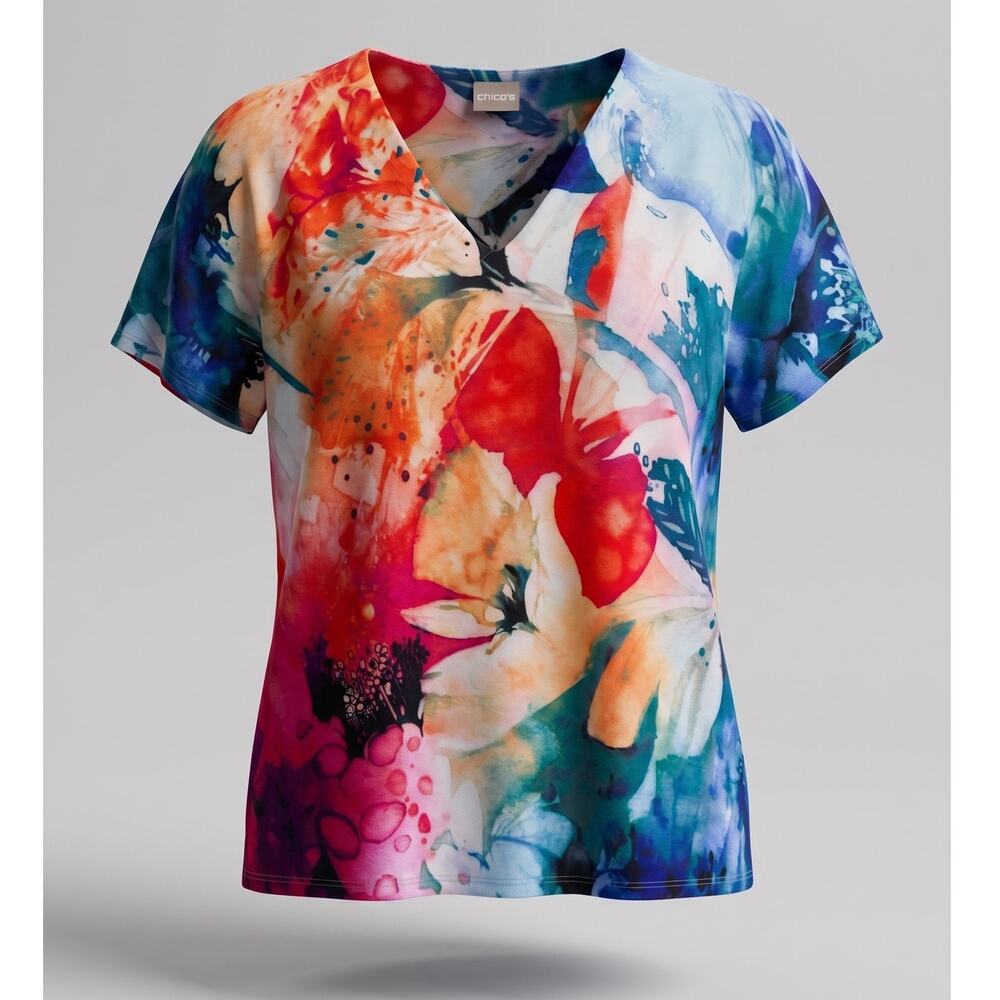 Chico's Womens XL Tropical Resortwear Artsy Boho Floral V-Neck Dolman T-Shirt